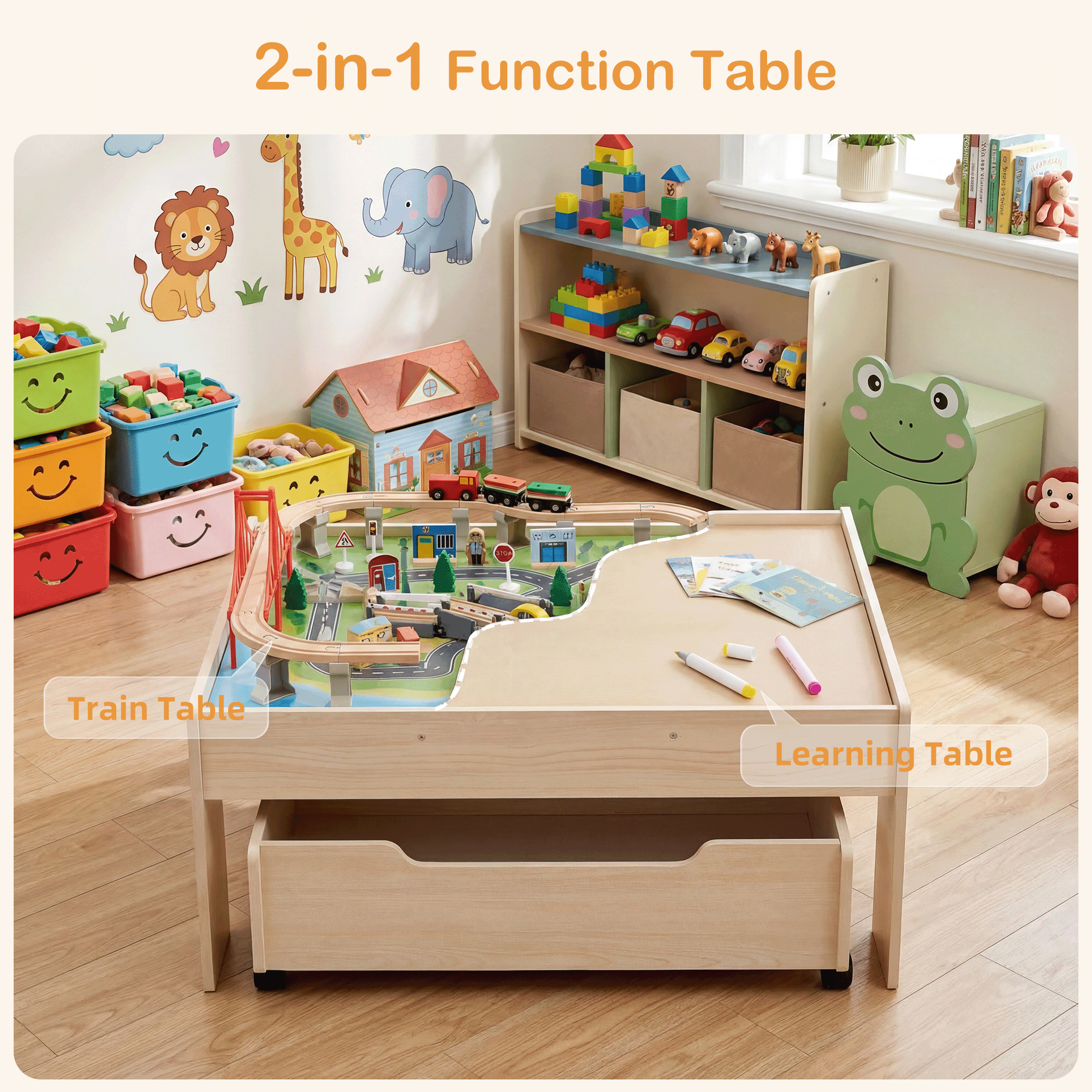Redsmile Train Table with Electric Train,100 Pcs Multicolor Wooden Kids Activity Table with Rolling Storage Drawer for Gaming, Drawing, Reading,Creative Toy Set for Boys and Girls