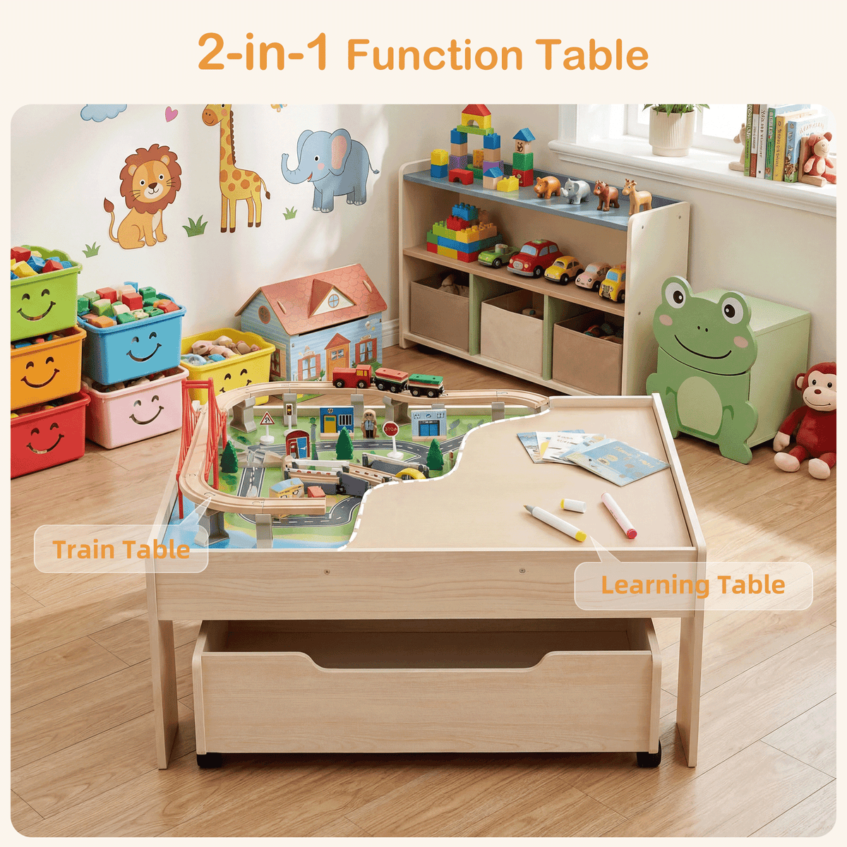 Redsmile Train Table with Electric Train,101 Pieces Wooden Train Set,3-in-1 Multicolor Kids Activity Table with Rolling Storage Drawer for Gaming, Drawing, Reading,Creative Toy Gift for Boys Girls