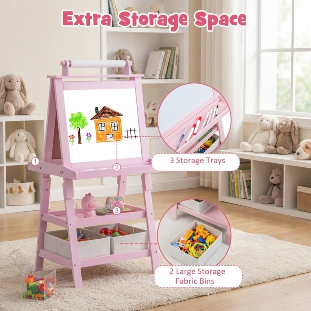 Redsmile 3-in-1 Kids Art Easel, 46 Inch Double-Sided Standing Easel with Paper Roll Whiteboard Chalkboard Storage Shelves and Paint Cups, Toddler Drawing Board for Boys Girls Ages 3+, Pink