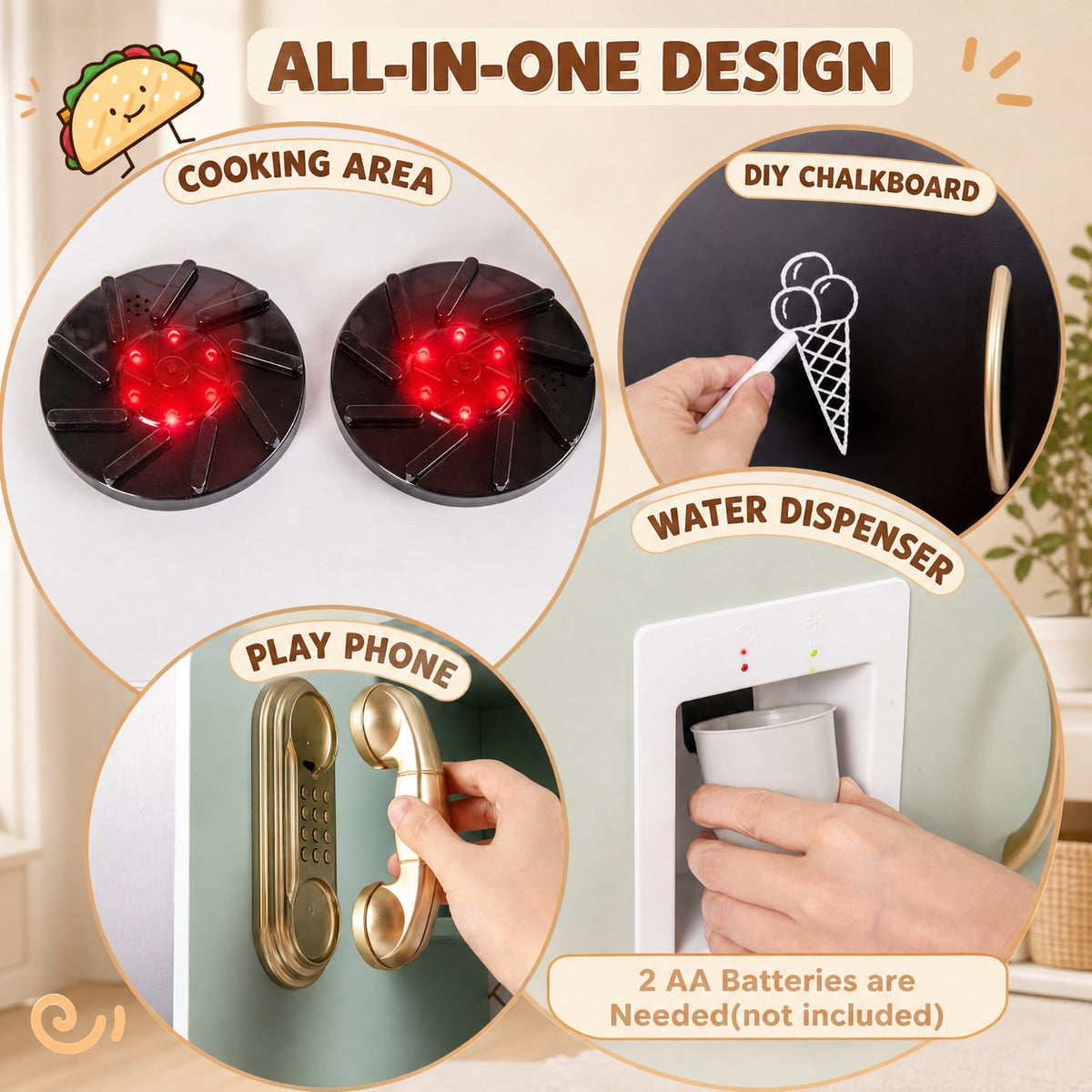 Redsmile Pretend Play Kitchen for Kids with Lights and Sounds, Wooden Play Kitchen Set with Dishwasher Oven Microwave Sink Faucet Water Dispenser and Utensils, Toddler Playset, Green