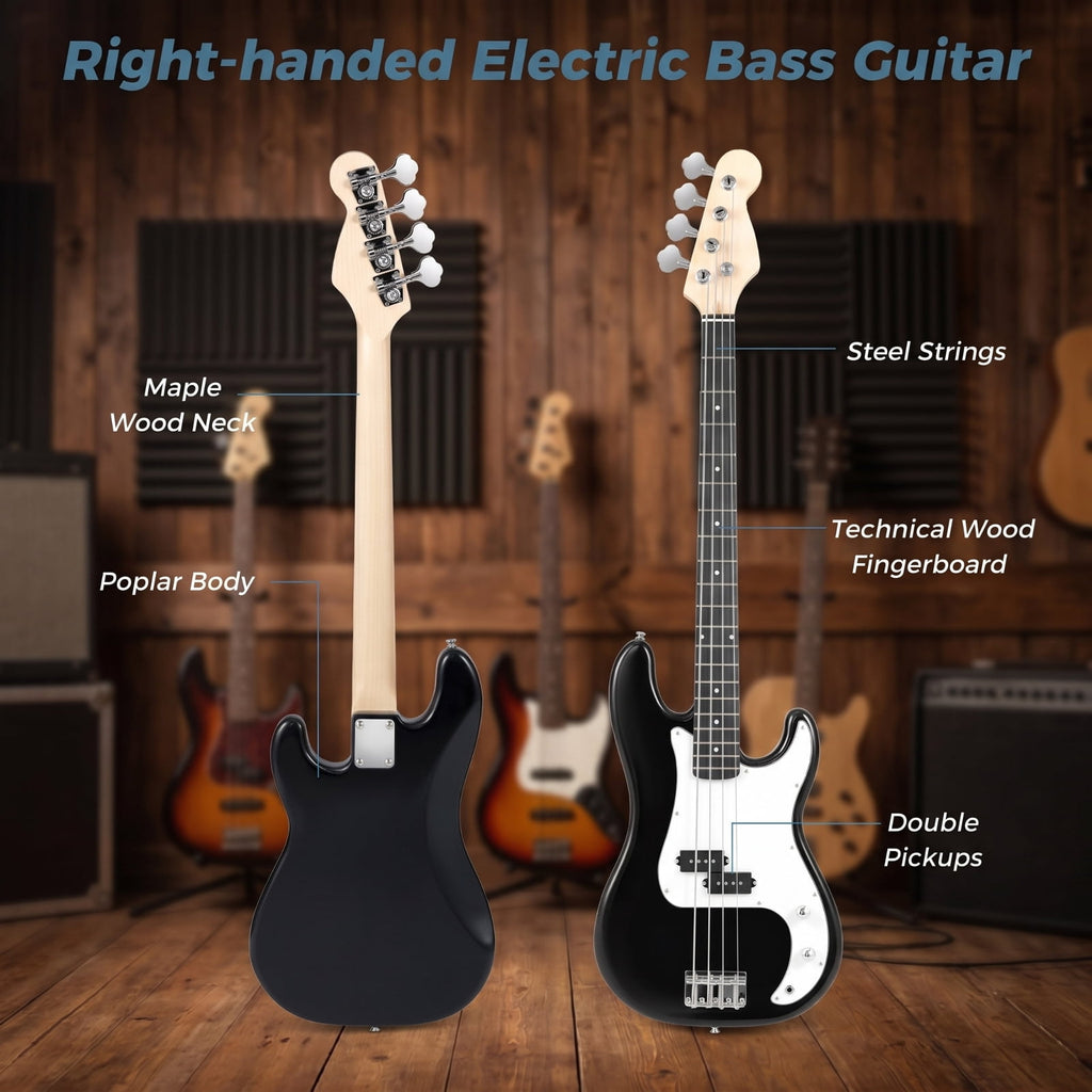 Redsmile 45.5 Inch 4 String Electric Bass Guitar with Double Pickups and Gig Bag for Beginners, Black