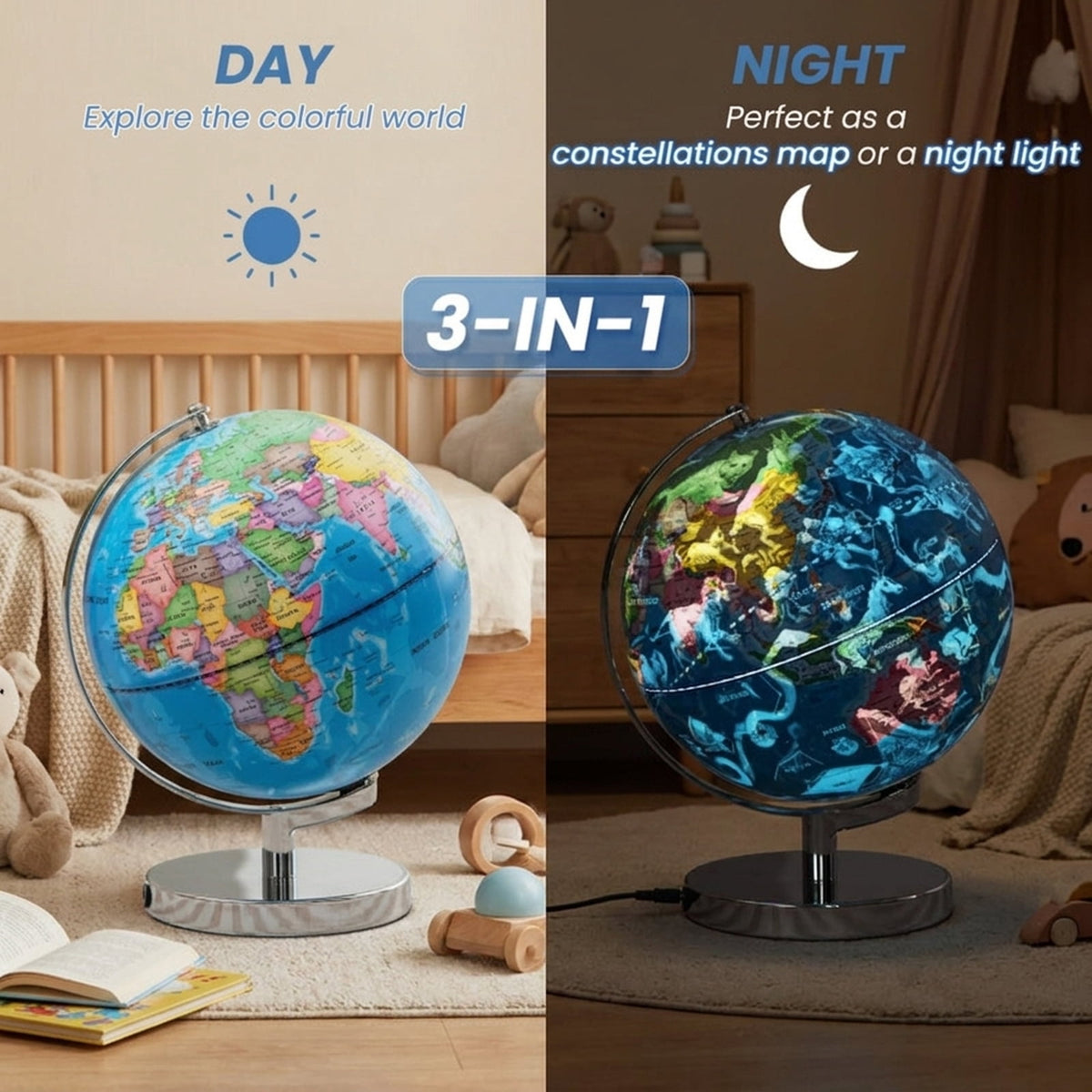 Redsmile 3-in-1 Illuminated World Globe for Kids, 9 Inch Educational Globe with Stand, 88 Constellations, Night Light and 190+ Countries, Learning Gift for Boys and Girls, Christmas Gift, Blue