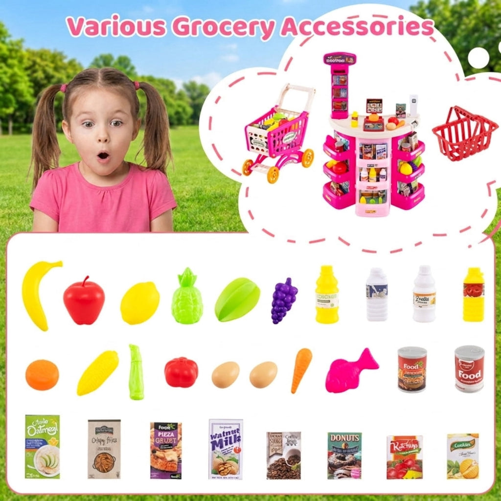 Redsmile Supermarket Playset for Kids 76 PCS Pretend Play Grocery Store Set with Shopping Cart, Pink