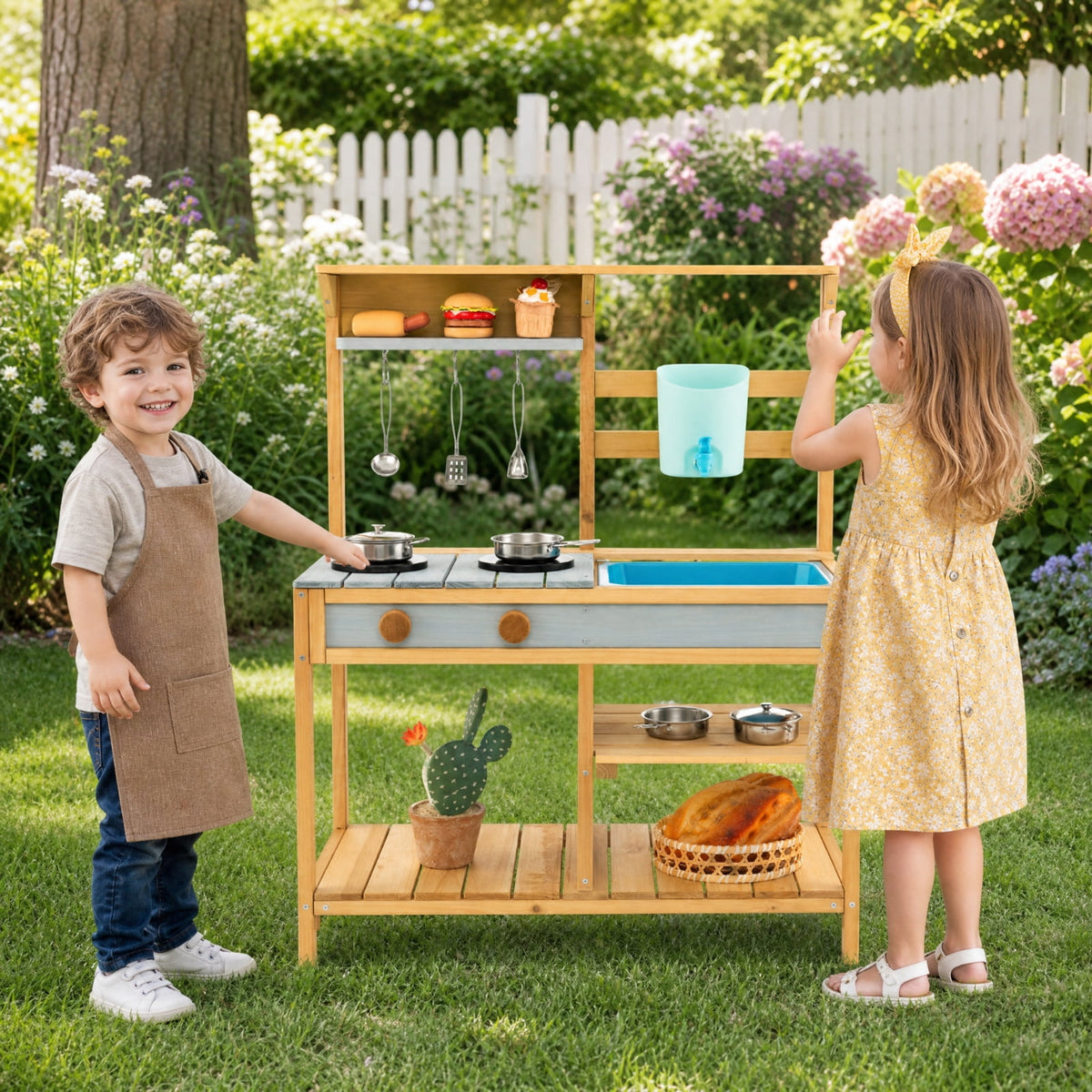 Redsmile Outdoor Mud Kitchen for Kids with Working Faucet and Water Box, Fir Wood Play Kitchen with Removable Sink Stovetop Storage Shelves and Hooks, Toddler Backyard Playset, Natural