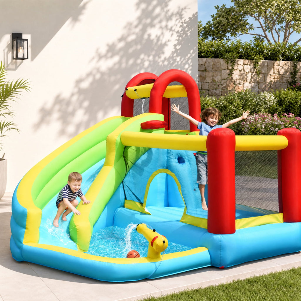 Redsmile 6-in-1 Inflatable Bounce House with Slide, Climbing Wall and Basketball Hoop, Backyard Water Slide for Kids, Splash Pool with Sprinkler for Boys Girls (Without Blower)
