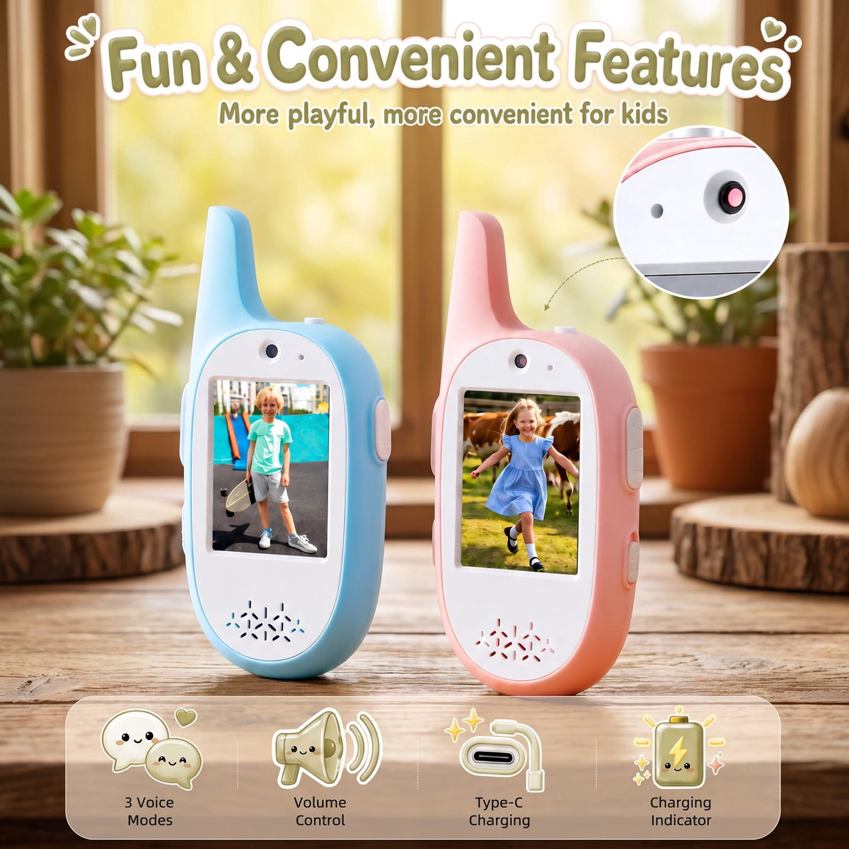 Redsmile Kids Video Walkie-Talkies, 2-Pack with Screen and Voice Effects, Pink and Blue