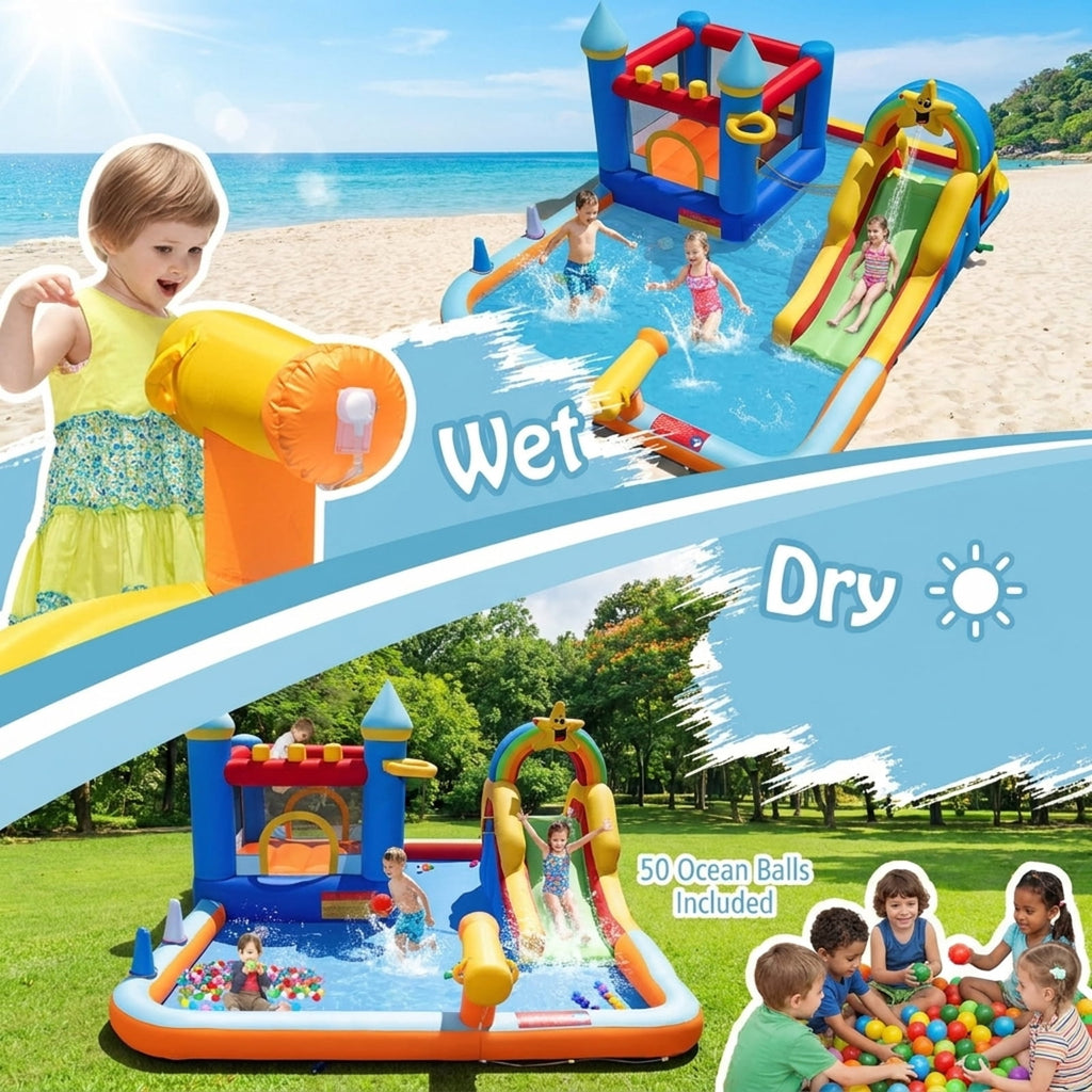 Redsmile Inflatable Water Slide Park Bouncy Castle with Climbing Wall, Backyard Water Slide with Splash Pool, Water Cannon and Basketball Rim for Kids Ages 3-12, with Blower