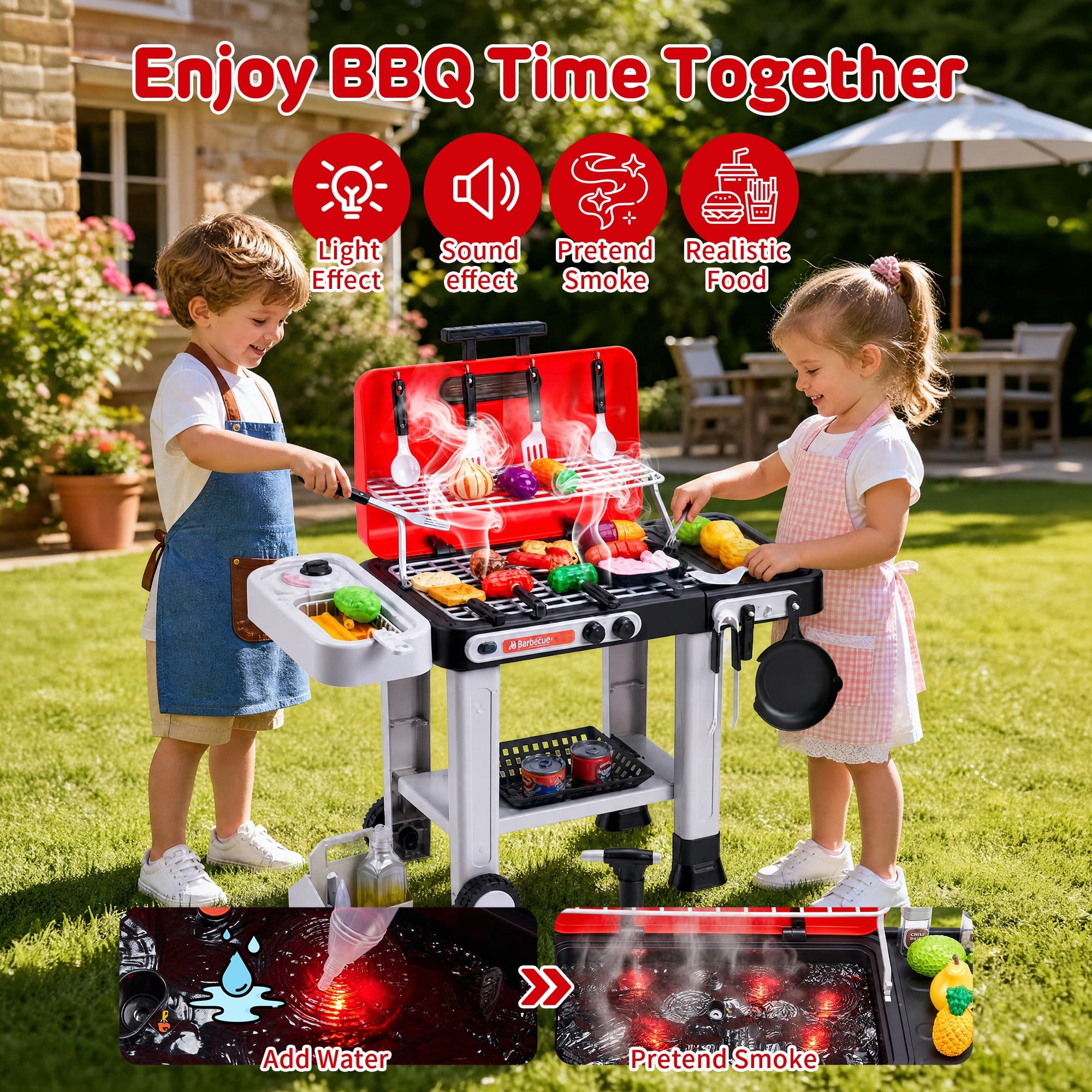 Redsmile Kids BBQ Grill Toy with Spray Light and Sound, Color-Changing Play Food Set, Pretend Play Kitchen Toy for Boys Girls