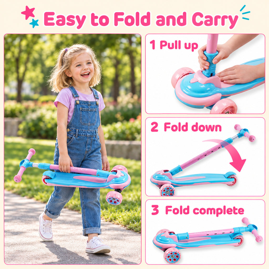Redsmile Kids 3-Wheel Folding Kick Scooter with Light-Up Wheels, Pink and Blue
