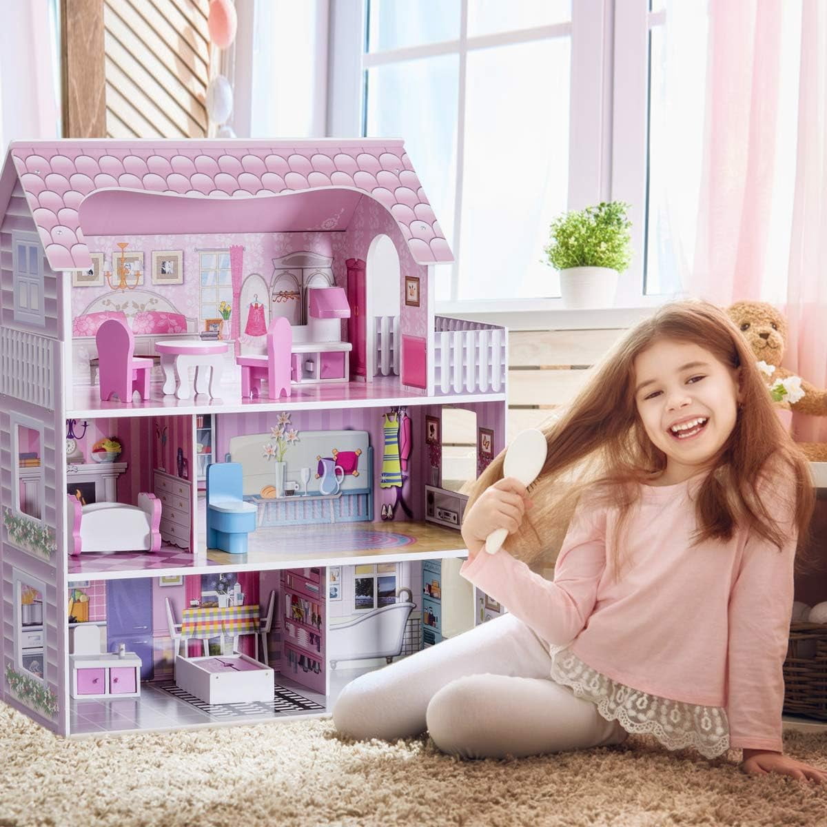 Redsmile Wooden Dollhouse with warm LED Lights, 3-Story Pretend Play Doll House with 16 Furniture and Accessories, DIY Princess Playhouse, Creative Gift for Girls