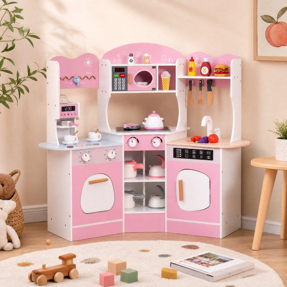 Redsmile Corner Wooden Play Kitchen Set for Kids 3+ Years, Pretend Play Kitchen with Coffee Machine, Slide, Light-Up Microwave, Stoves, Washing Machine and 20 Accessories, Pink