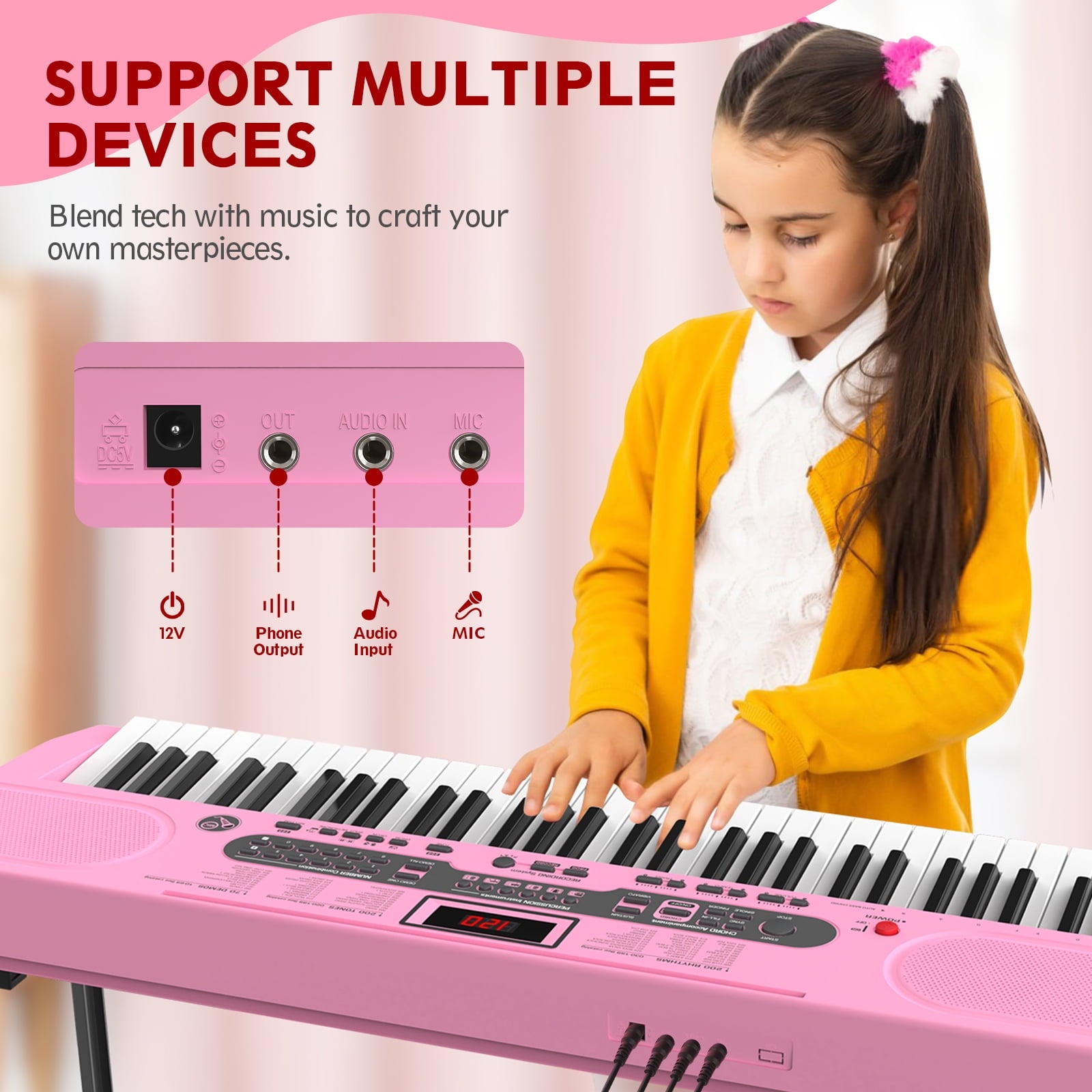 Redsmile 61 Key Piano Keyboard with Lighted Keys Stand Bench Microphone Headphone and Built-in Speakers for Beginners, Pink