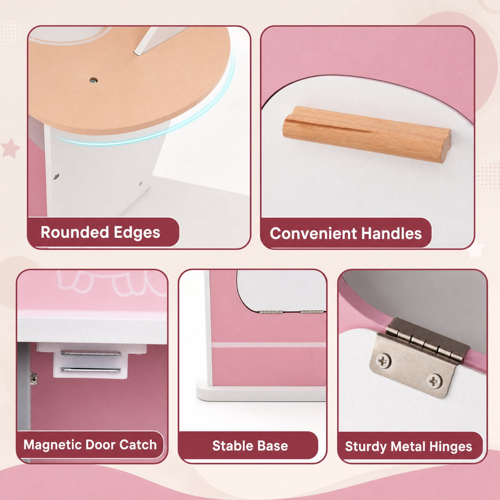 Redsmile Corner Wooden Play Kitchen Set for Kids 3+ Years, Pretend Play Kitchen with Coffee Machine, Slide, Light-Up Microwave, Stoves, Washing Machine and 20 Accessories, Pink