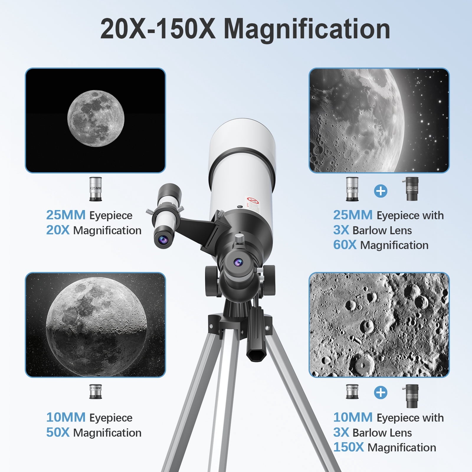 Redsmile Telescope for Adults Astronomy Beginners80mm Aperture 500mm Refractor Telescope with AZ Mount Tripod and 2 Eyepieces20x to 50x Magnification for Moon ViewingWhite