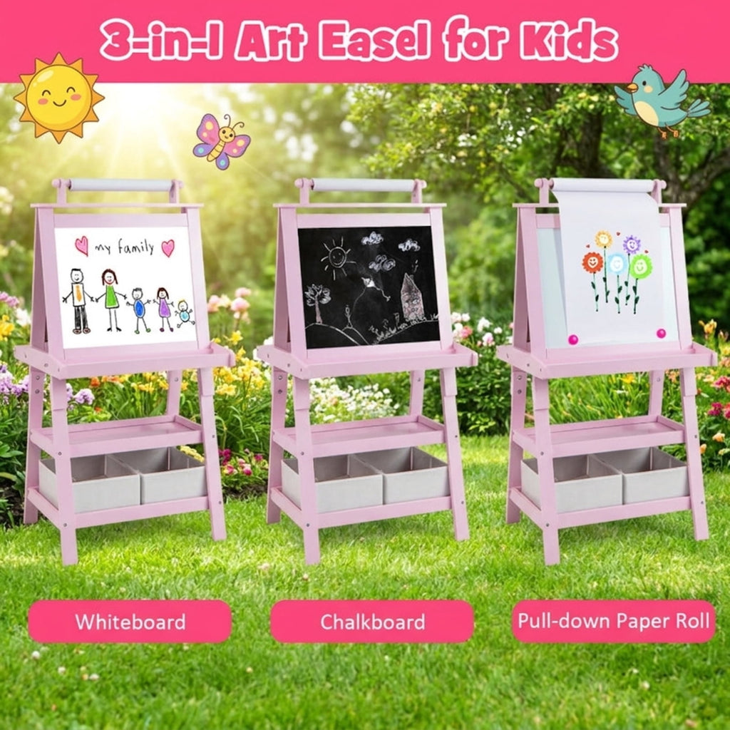 Redsmile 3-in-1 Kids Art Easel, 46 Inch Double-Sided Standing Easel with Paper Roll Whiteboard Chalkboard Storage Shelves and Paint Cups, Toddler Drawing Board for Boys Girls Ages 3+, Pink