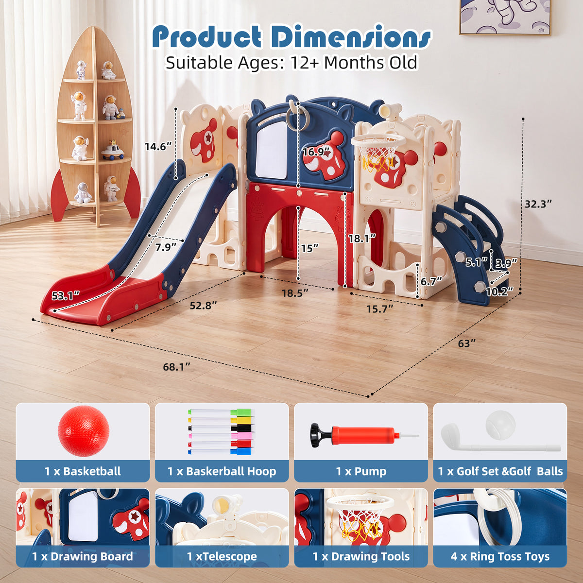 Redsmile 11-in-1 Toddler Slide Indoor Playground with Climber, Basketball Hoop and Storage, Kids Activity Center for Boys Girls