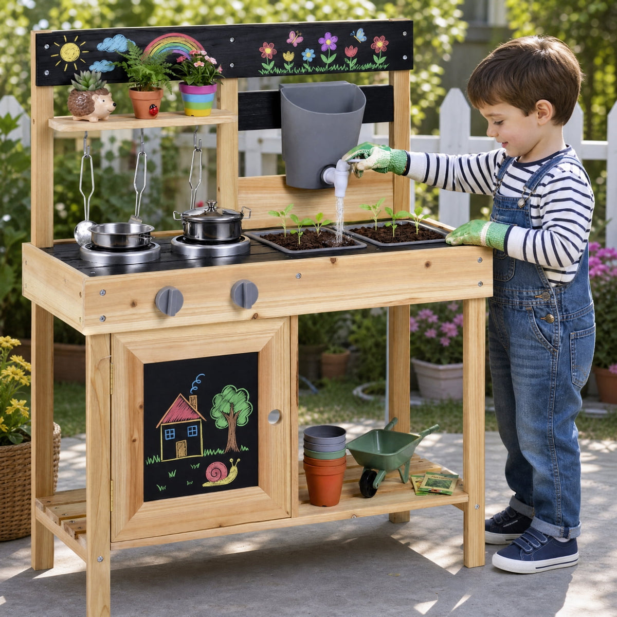 Redsmile Mud Kitchen for Kids Outdoor with 2 Removable Sinks, Fir Wood Play Kitchen Set with Water Box Faucet 2 Stoves and 5 Kitchenware, Toddler Backyard Playset for Ages 3+, Natural