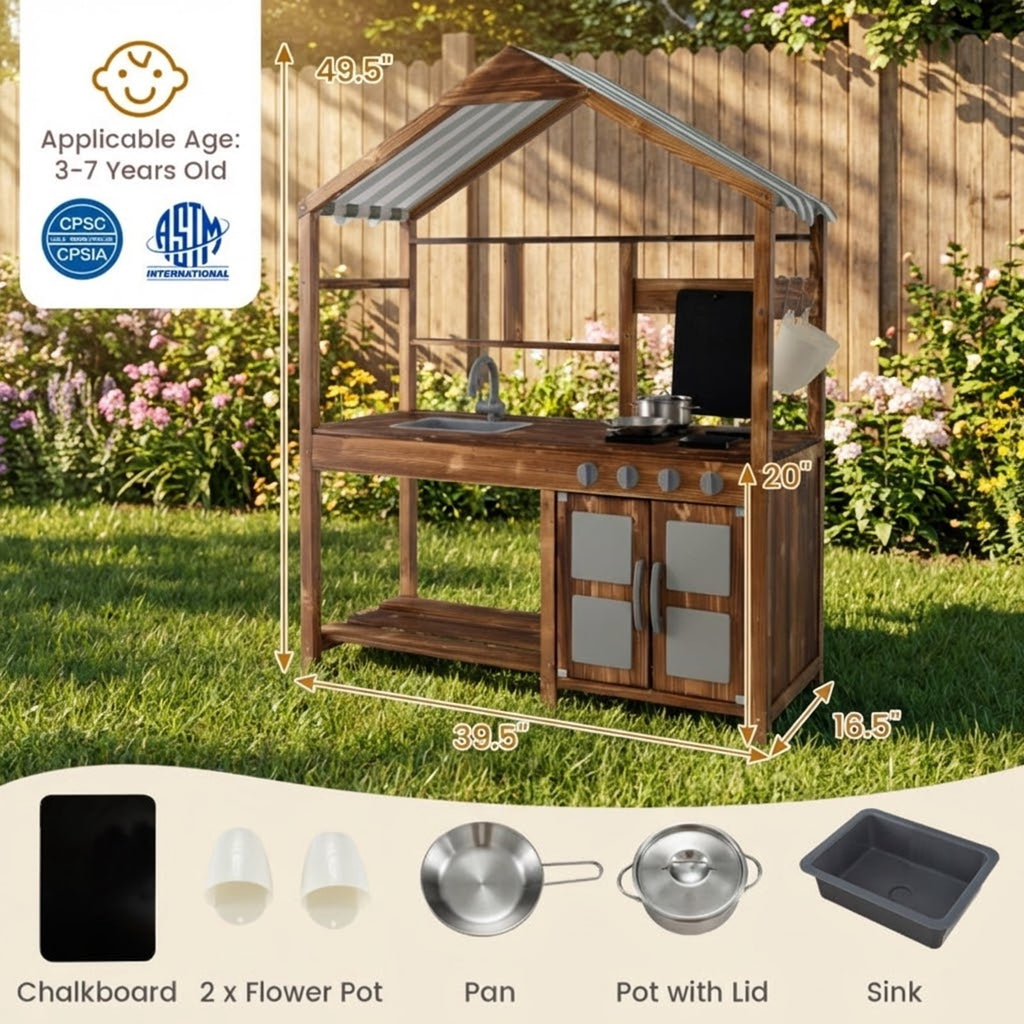 Redsmile Mud Kitchen for Kids Outdoor, Solid Fir Wood Play Kitchen with Canopy Sink Faucet 4 Stoves and Chalkboard, Toddler Outdoor Playset for Backyard Garden, Ages 3-7, Natural