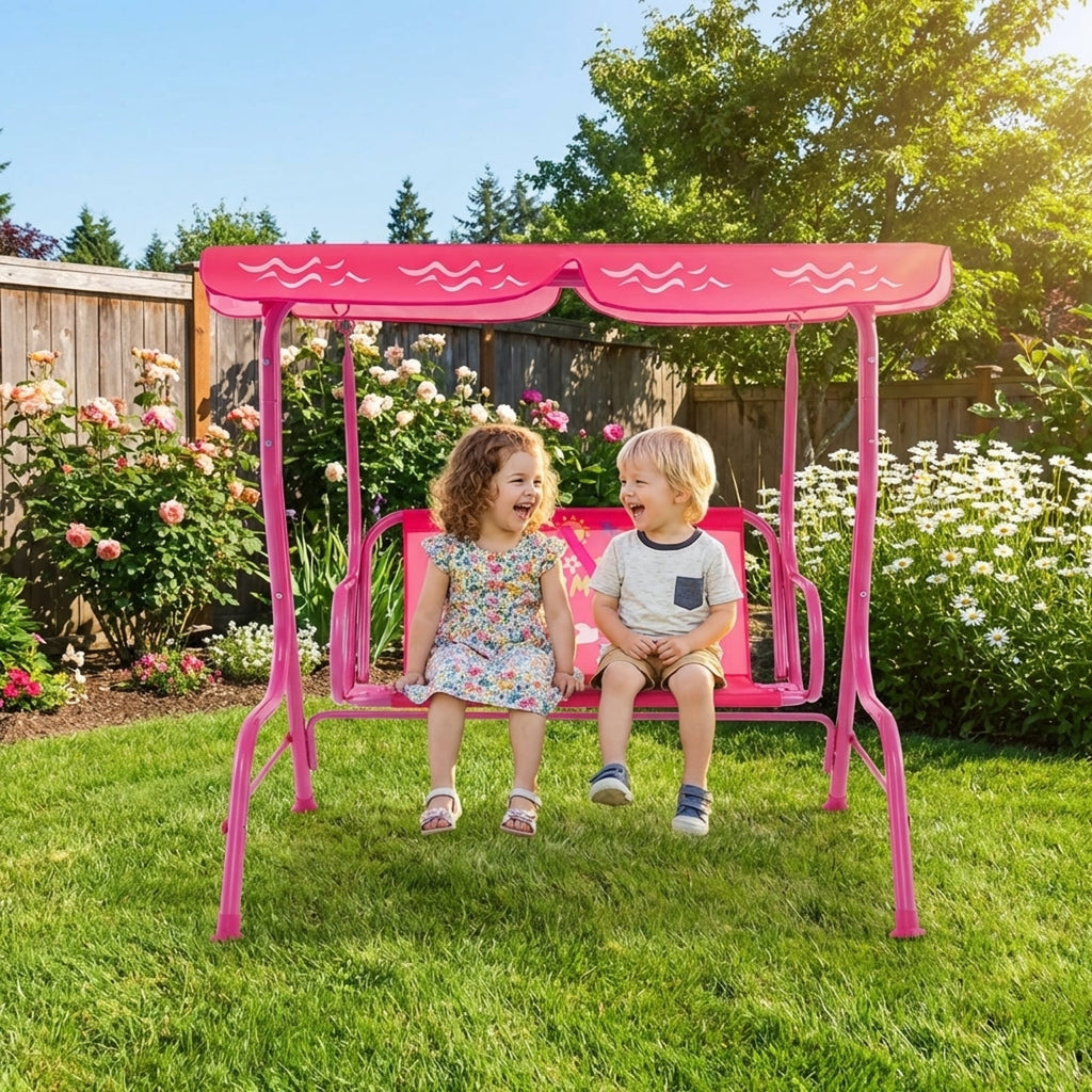 Redsmile 2-Seater Kids Patio Swing with Metal Stand and Adjustable Canopy - Pink - Backyard Play - Outdoor Fun