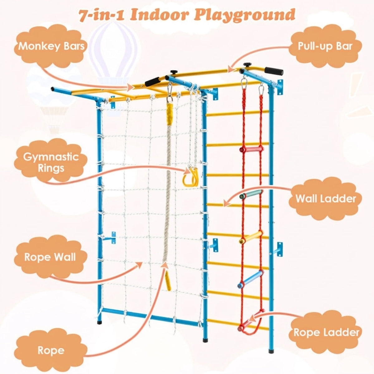 Redsmile Indoor Gym for Kids, 7-in-1 Swedish Wall Climbing Set with Pull-Up Bar and Ladder, Wall-Mounted Home Playground, Yellow