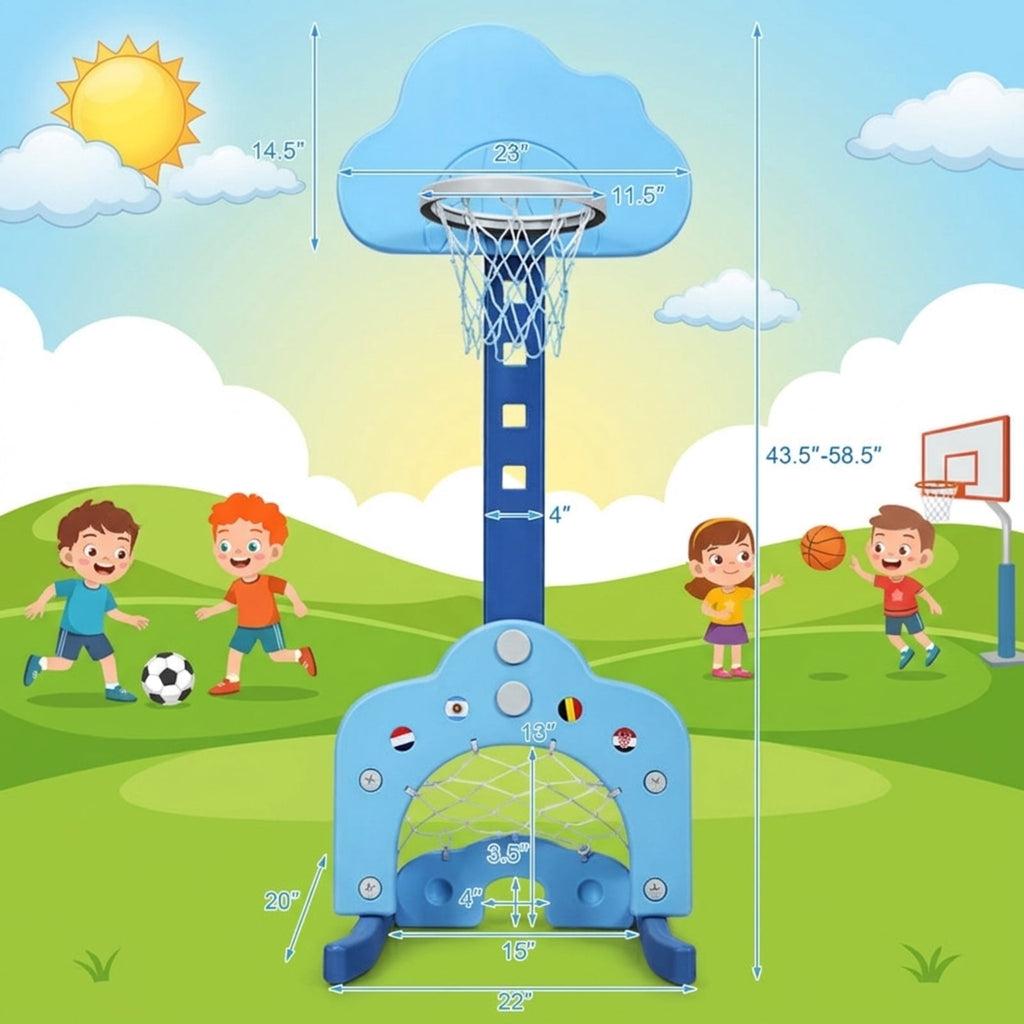Redsmile Kids Basketball Hoop Set, 3-in-1 Sports Set with Basketball Soccer and Golf, Adjustable Height Toddler Sports Toy, Blue