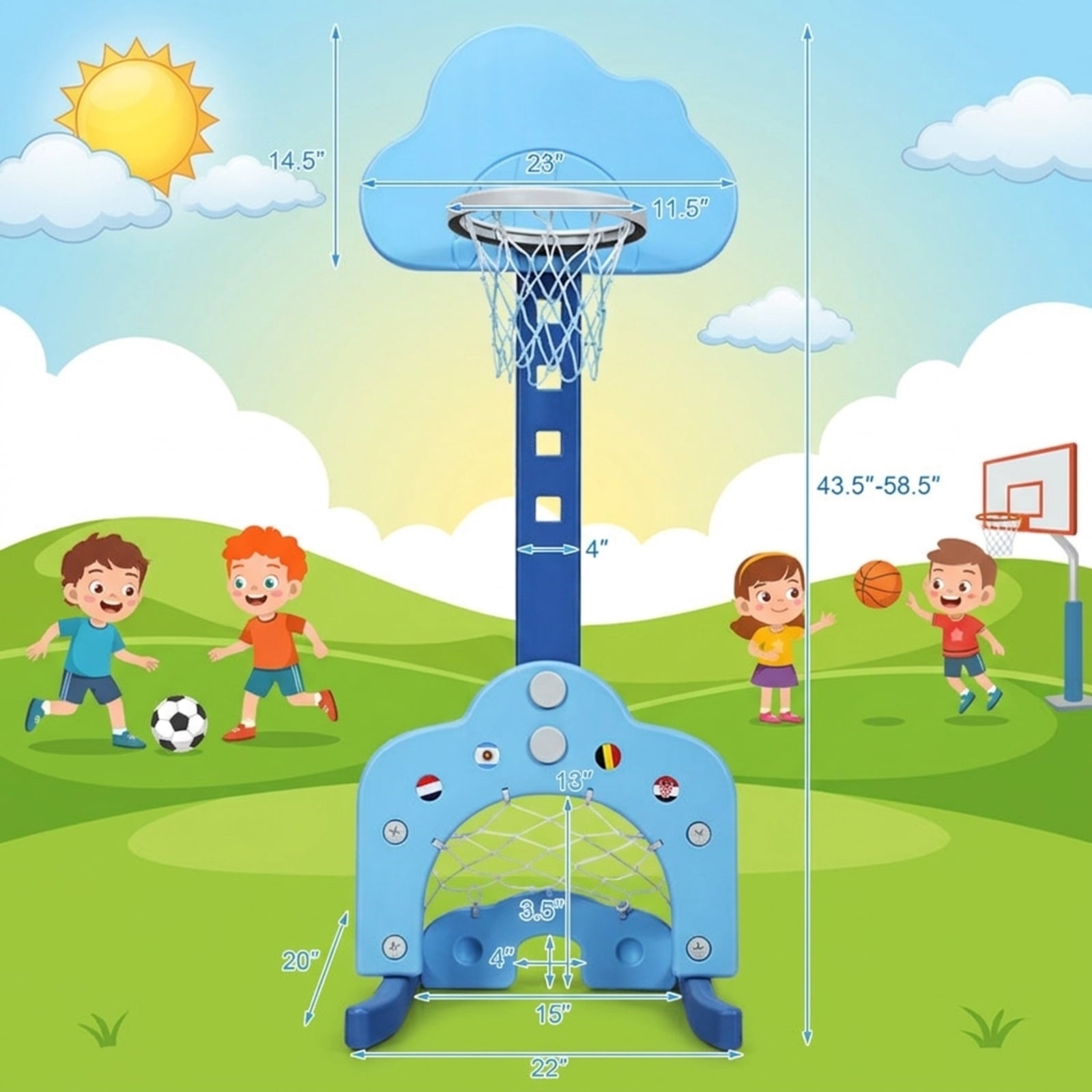 Redsmile Kids Basketball Hoop Set, 3-in-1 Sports Set with Basketball Soccer and Golf, Adjustable Height Toddler Sports Toy, Blue