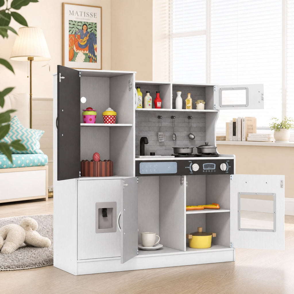 Redsmile Pretend Play Kitchen Set for Kids 3+ Years, Toddler Kitchen Playset with Light-Up Stove, Sound Water Dispenser, Dishwasher, Oven, Chalkboard and Utensils, Christmas Gift, Silver