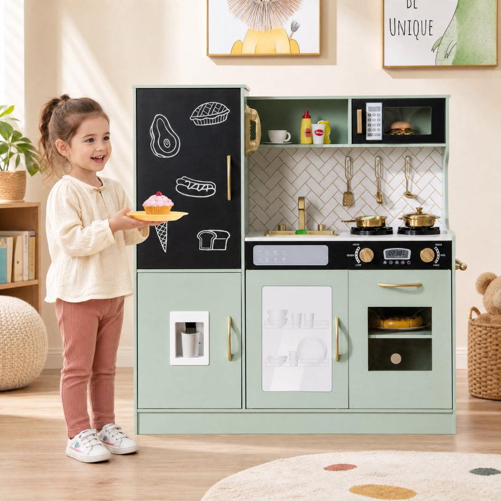 Redsmile Pretend Play Kitchen for Kids with Lights and Sounds, Wooden Play Kitchen Set with Dishwasher Oven Microwave Sink Faucet Water Dispenser and Utensils, Toddler Playset, Green