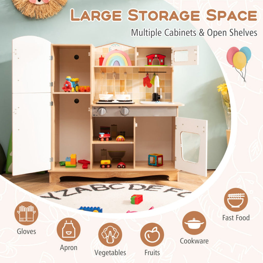 Redsmile Play Kitchen,Wooden Kids Kitchen Playset with Ice Maker,Oven,Realistic Lights and Sounds,Pretend Play Toy Kitchen,Gift for Girls Boys Ages 3-10,White