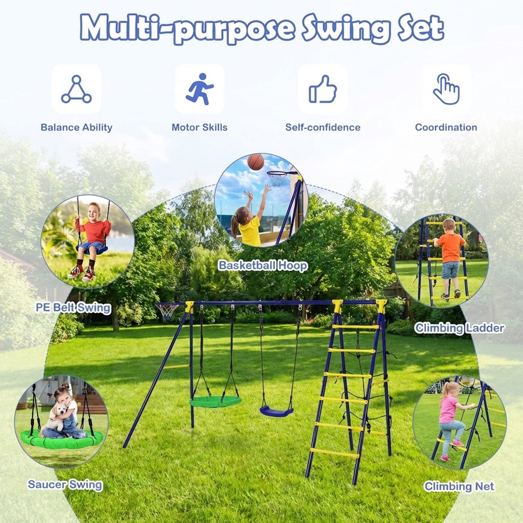 Redsmile 5-In-1 Outdoor Kids Swing Set with A-Shaped Metal Frame and Ground Stake - Blue - Backyard Play