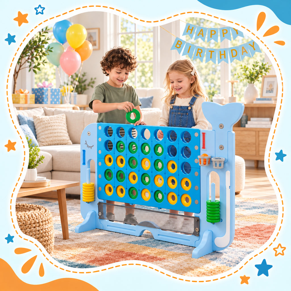 Redsmile Giant 4 in a Row Yard Game Set, 4-in-1 Outdoor Games for Kids and Adults with Basketball Hoop, Golf and Ring Toss, Adjustable Height Lawn Game for Backyard Party, Blue