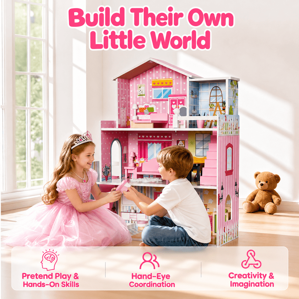 Redsmile Wooden Dollhouse for Kids, 3-Story Doll House with 17 Furniture Pieces and Accessories for Pretend Play and Birthday Gifts, Pink
