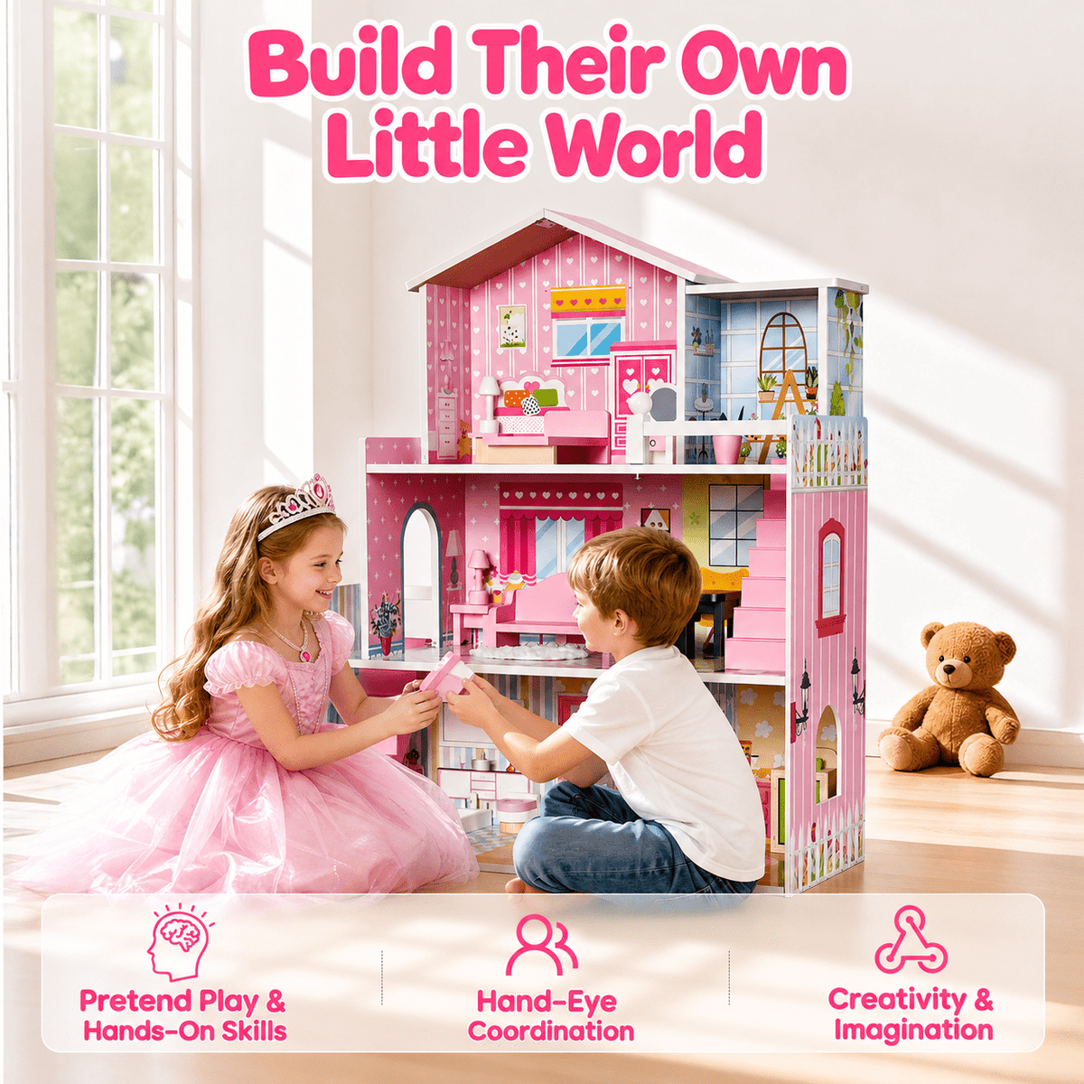 Redsmile Wooden Dollhouse for Kids, 3-Story Doll House with 17 Furniture Pieces and Accessories for Pretend Play and Birthday Gifts, Pink