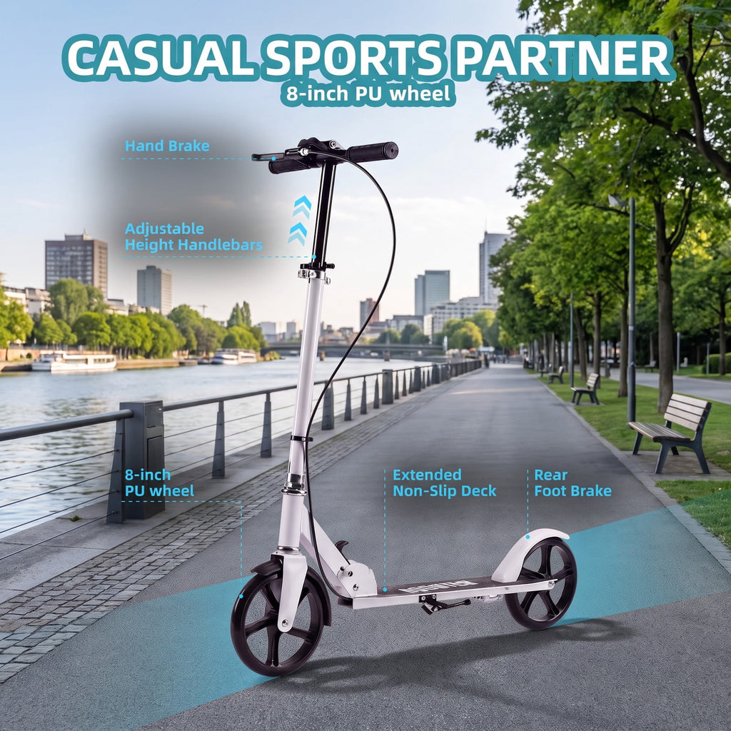 Redsmile Folding Kick Scooter with 8-Inch PU Wheels, 4-Level Adjustable Handlebar and Hand Brake for Everyday Riding, White