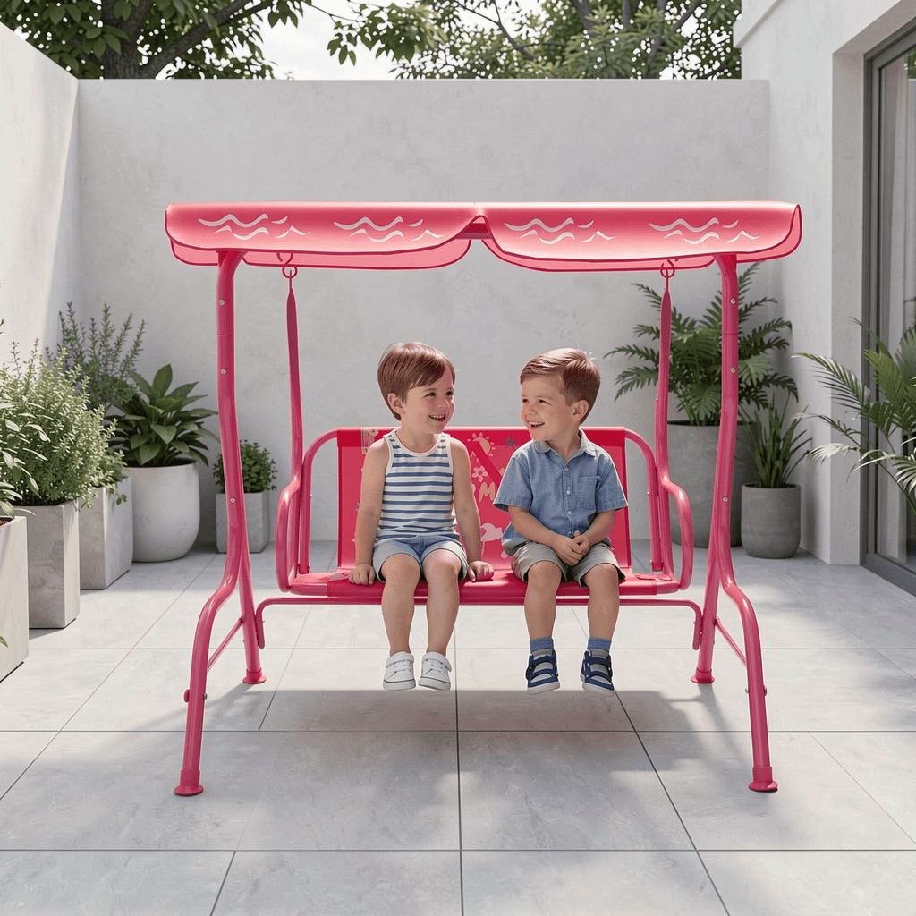 Redsmile 2-Seater Kids Patio Swing with Metal Stand and Adjustable Canopy - Pink - Backyard Play - Outdoor Fun