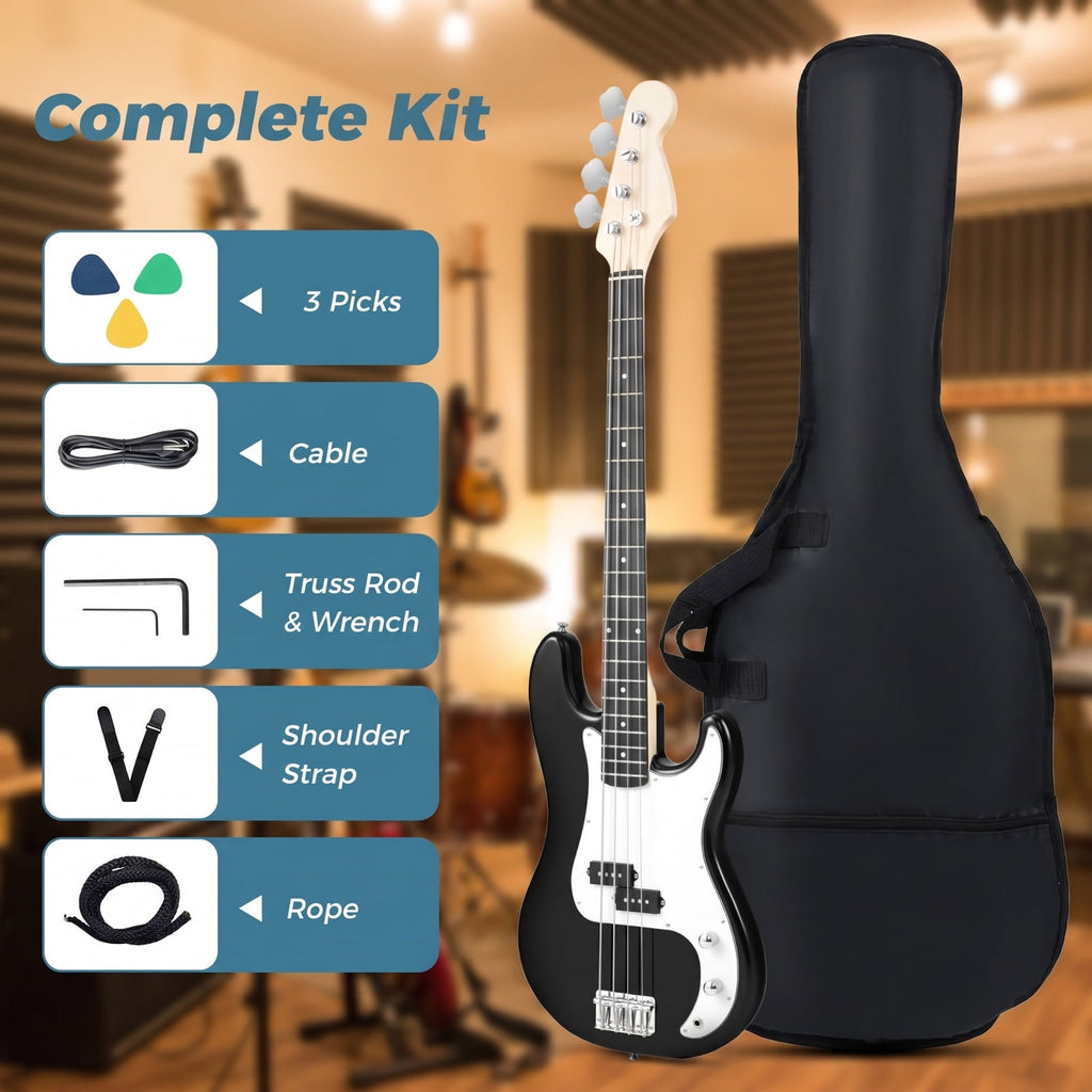 Redsmile 45.5 Inch 4 String Electric Bass Guitar with Double Pickups and Gig Bag for Beginners, Black