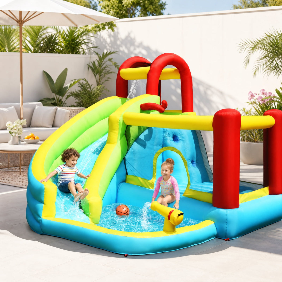 Redsmile 6-in-1 Inflatable Bounce House with Slide, Climbing Wall and Basketball Hoop, Backyard Water Slide for Kids, Splash Pool with Sprinkler for Boys Girls (Without Blower)