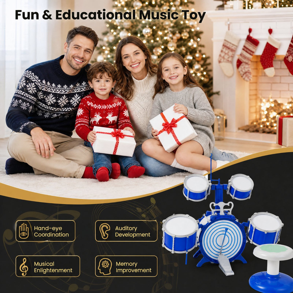 Redsmile Kids Drum Set Educational Percussion Musical Instrument Toy with Bass Drum, Blue