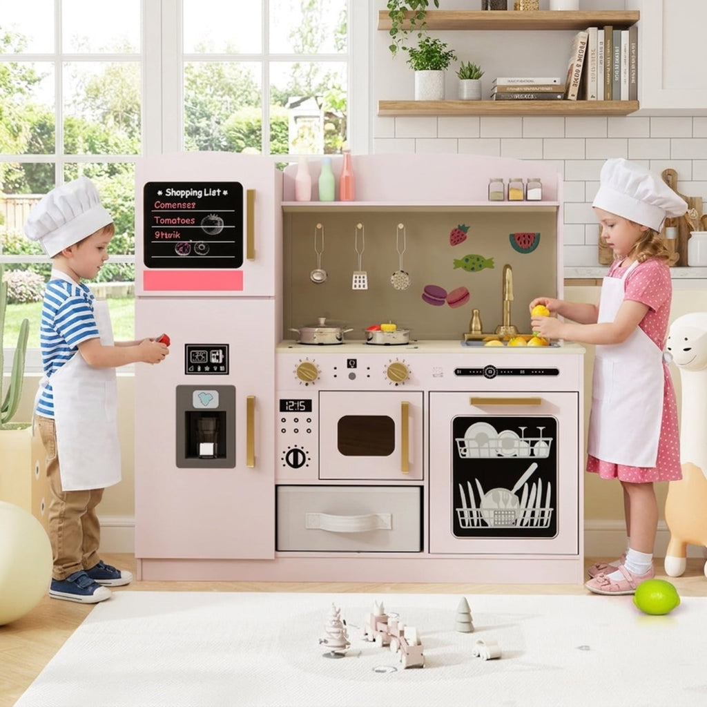 Redsmile Wooden Play Kitchen for Kids, Deluxe Pretend Kitchen with Lighted Microwave Ice Maker and Chalkboard, Toddler Kitchen Toy, Pink