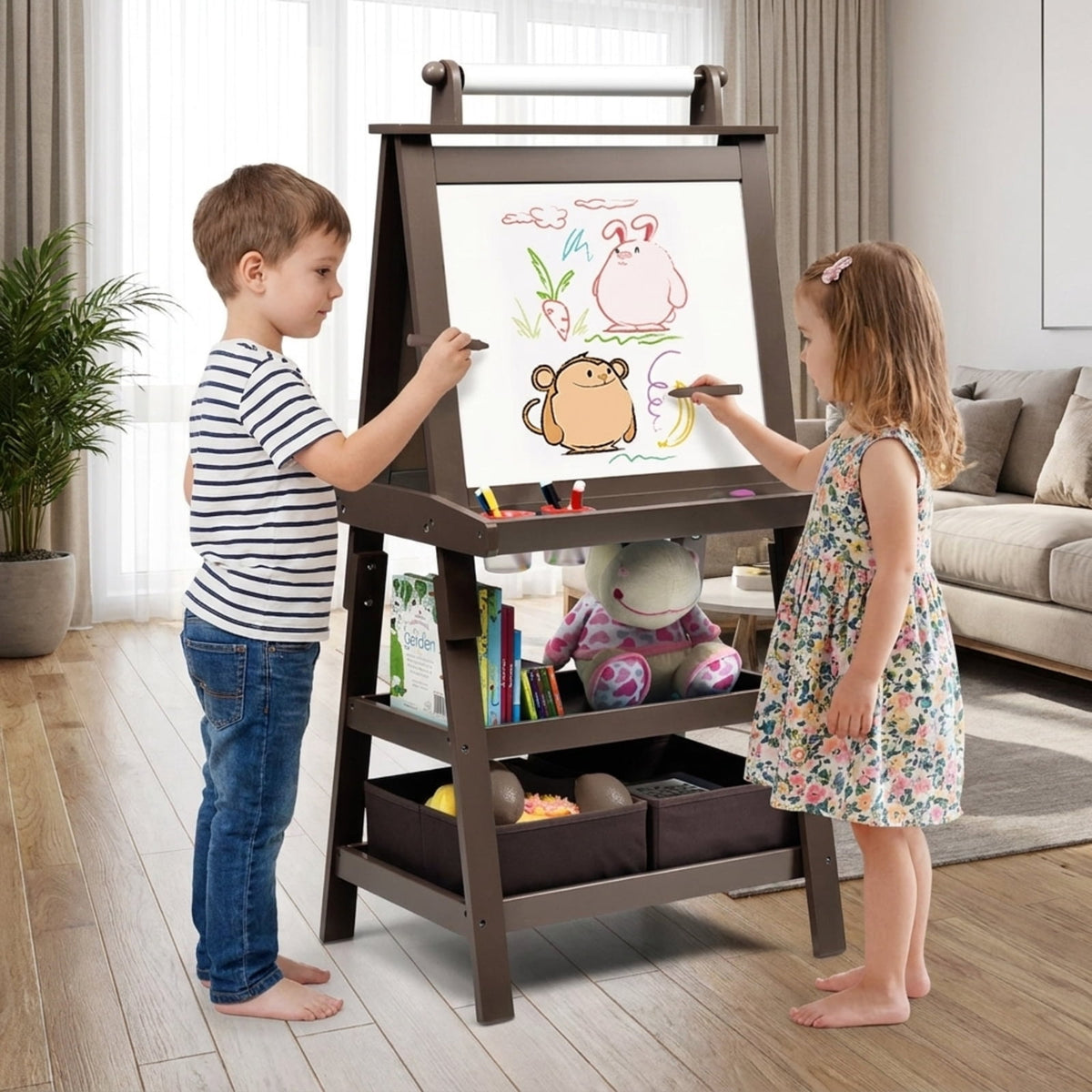 Redsmile 3-in-1 Kids Art Easel for Toddlers 3+ Years, Double-Sided Standing Easel with Whiteboard, Chalkboard and Paper Roll, Storage Shelves, Fabric Bins and Paint Cups, Christmas Gift, Brown