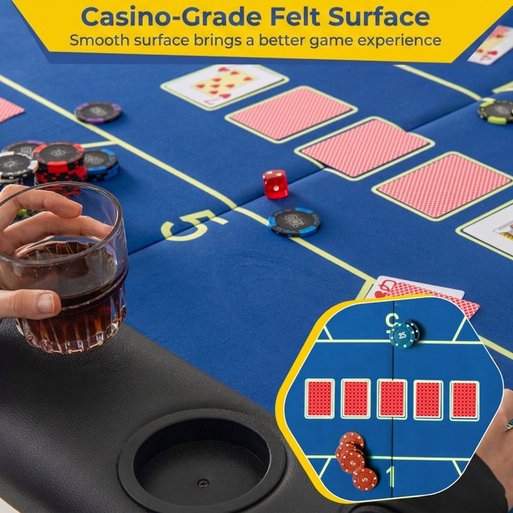 Redsmile 72 Inch Foldable Poker Table with 8 Cup Holders, Portable Casino Card Game Table with Padded Armrests Waterproof PU Leather and Non-Slip Feet for Home Game Room, Blue