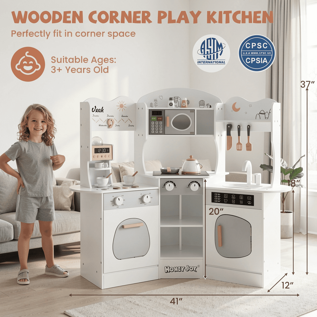 Redsmile Play Kitchen,Wooden Kids Corner Kitchen Playset with Coffee Maker and Slide,Pretend Play Toy with Realistic Lights and Sounds,Gift for Boys Girls Age 3-10,White