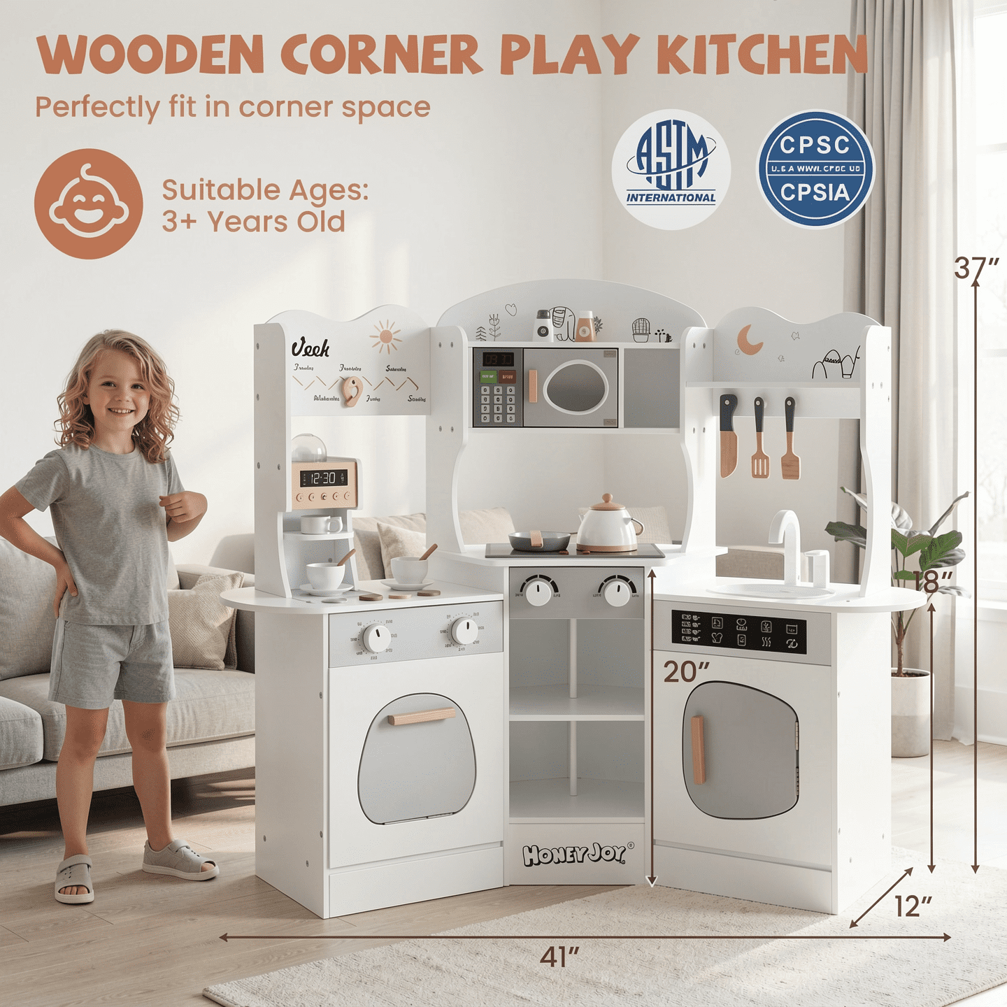 Redsmile Play Kitchen,Wooden Kids Corner Kitchen Playset with Coffee Maker and Slide,Pretend Play Toy with Realistic Lights and Sounds,Gift for Boys Girls Age 3-10,White