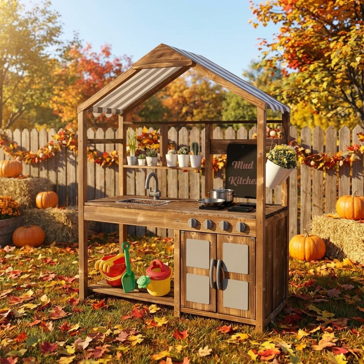 Redsmile Mud Kitchen for Kids Outdoor, Solid Fir Wood Play Kitchen with Canopy Sink Faucet 4 Stoves and Chalkboard, Toddler Outdoor Playset for Backyard Garden, Ages 3-7, Natural