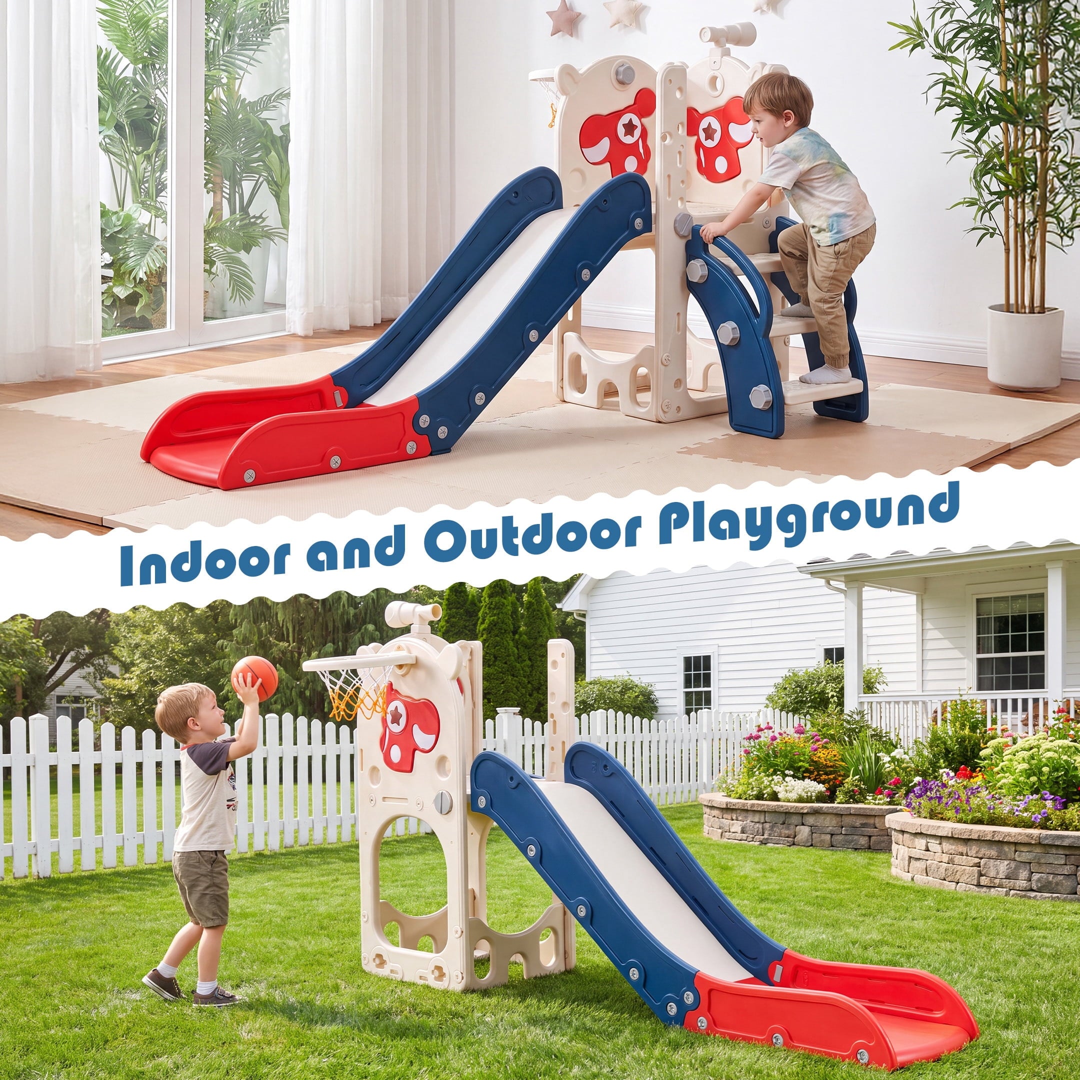Redsmile 7-in-1 Toddler Slide with Climber and Basketball Hoop, Foldable Indoor Outdoor Kids Slide Playset with Golf Set