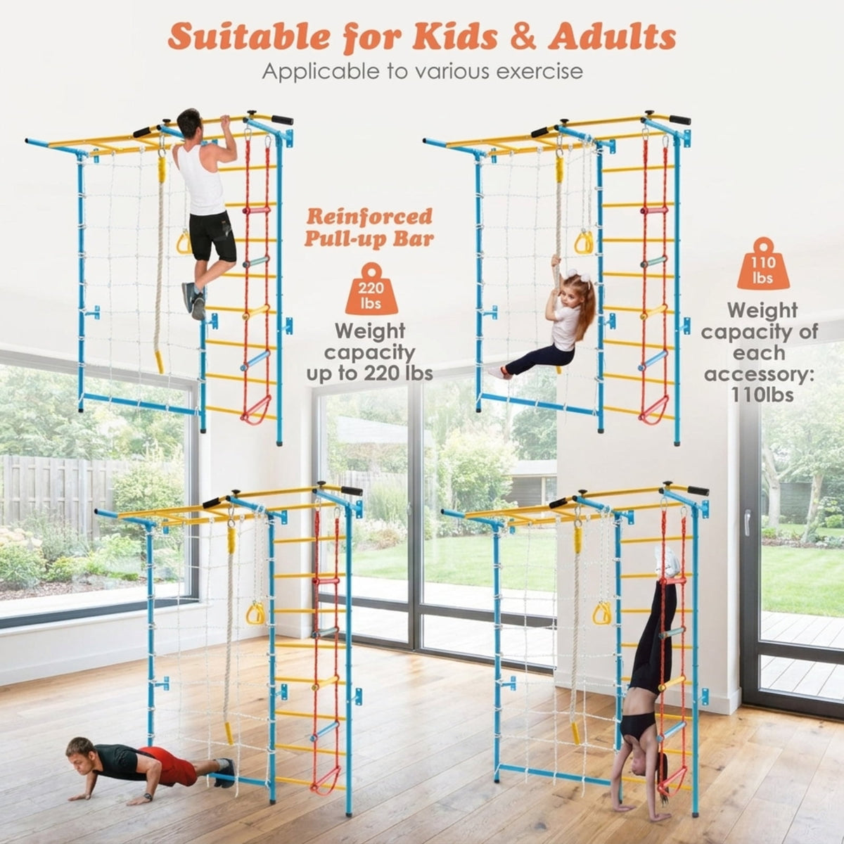 Redsmile Indoor Gym for Kids, 7-in-1 Swedish Wall Climbing Set with Pull-Up Bar and Ladder, Wall-Mounted Home Playground, Yellow