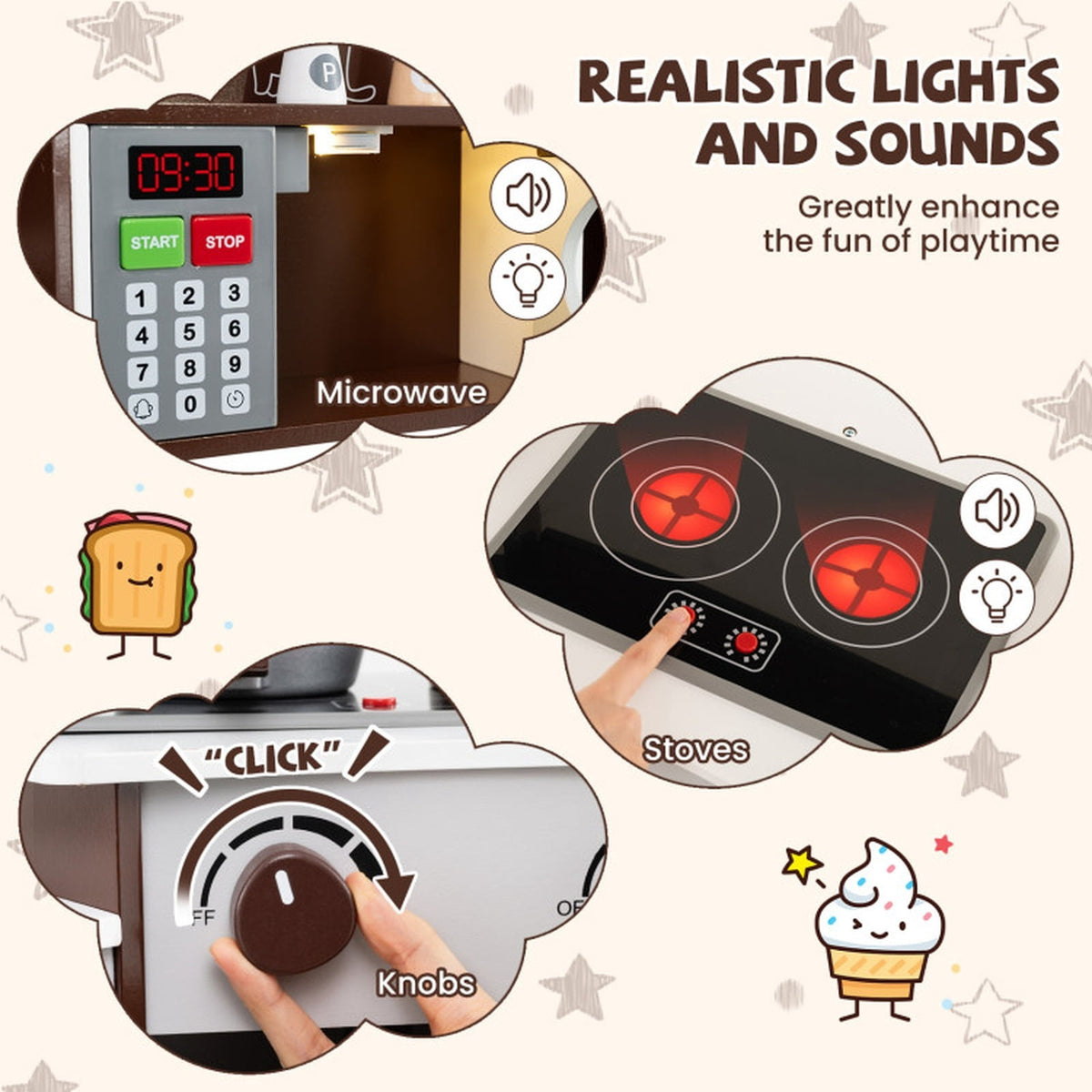 Redsmile Corner Wooden Play Kitchen Set for Kids 3+ Years, Pretend Play Kitchen with Coffee Machine, Slide, Light-Up Microwave, Stoves, Washing Machine and 20 Accessories, Brown