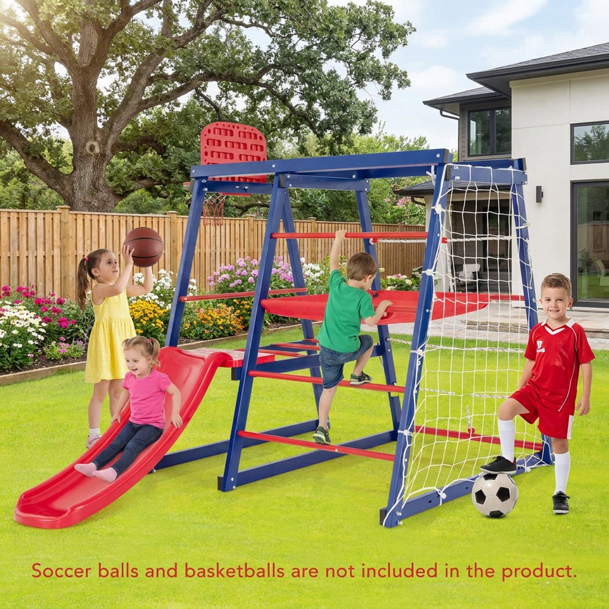 Redsmile 7-in-1 Metal Toddler Climbing Toys for Ages 3-7, Kids Indoor Playground Jungle Gym with Slide, Climbing Net and Rope Ladder, Montessori Climber, Christmas Gift, Red and Blue