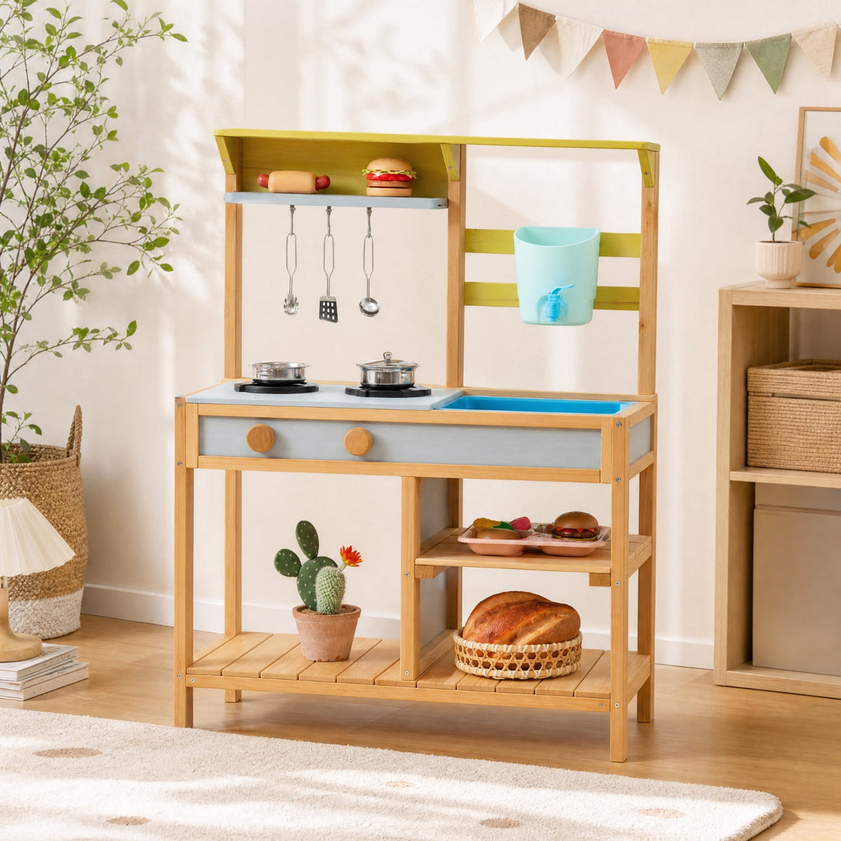 Redsmile Outdoor Mud Kitchen for Kids with Working Faucet and Water Box, Fir Wood Play Kitchen with Removable Sink Stovetop Storage Shelves and Hooks, Toddler Backyard Playset, Natural
