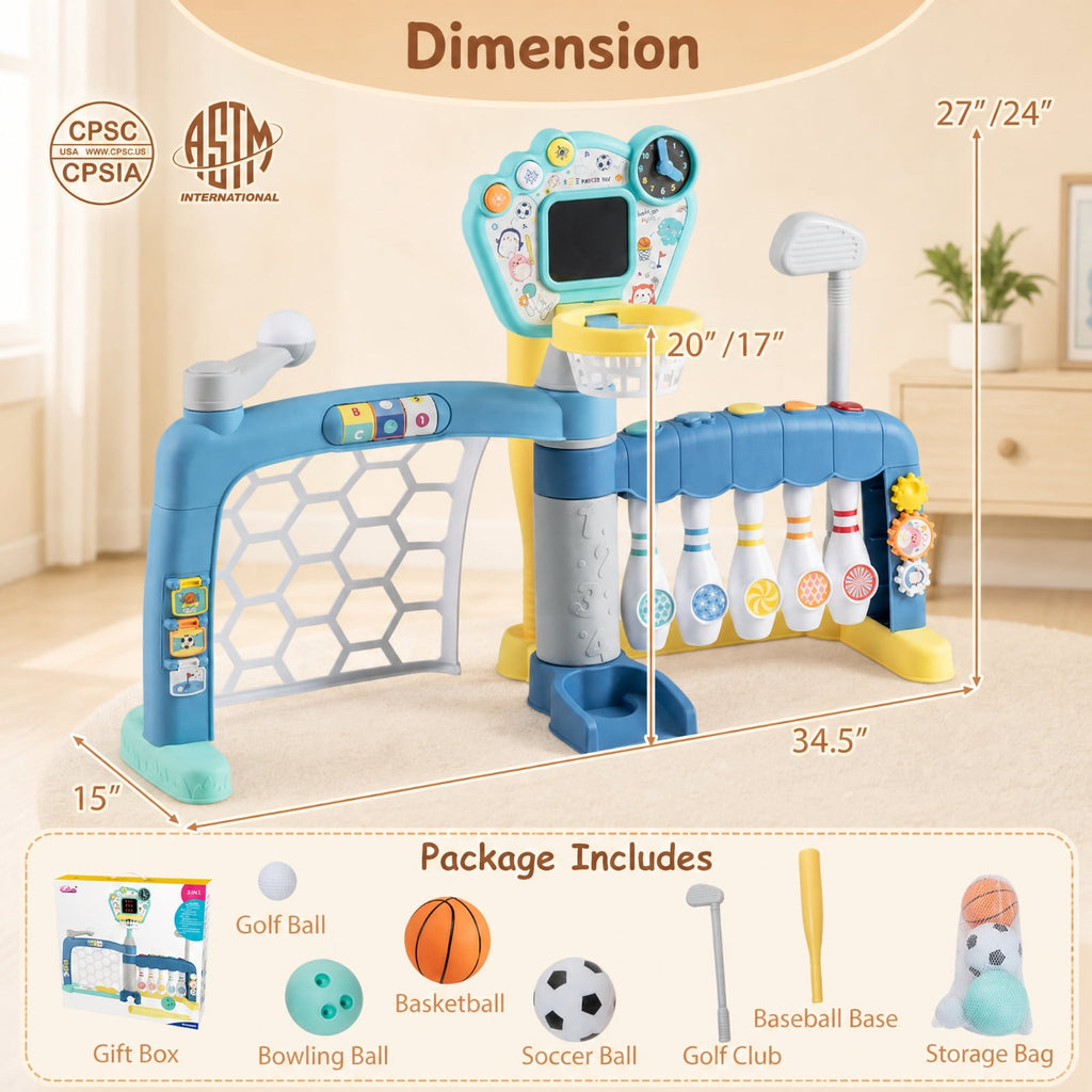 Redsmile 5-in-1 Toddler Sports Toy with Adjustable Basketball Hoop, Baby Sports Center with Soccer Golf Baseball Bowling for Baby Boys Girls 18 Months+, Lights Music, Multicolor